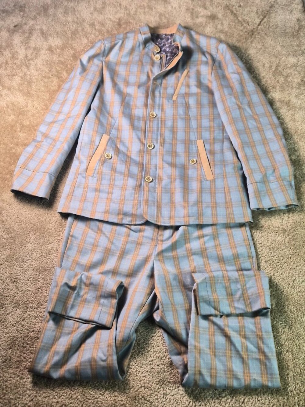 Steven Land 2 Piece Suit Mens 46R Pants 36x29 Blue Plaid Corduroy 70s Look G557